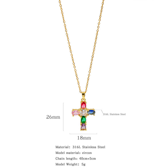 Fashion Color Zircon Unisex Cross Stainless Steel Ochain Necklace With Electroplating Jewelry Pendant