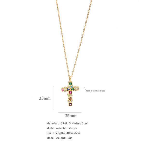Fashion Color Zircon Unisex Cross Stainless Steel Ochain Necklace With Electroplating Jewelry Pendant