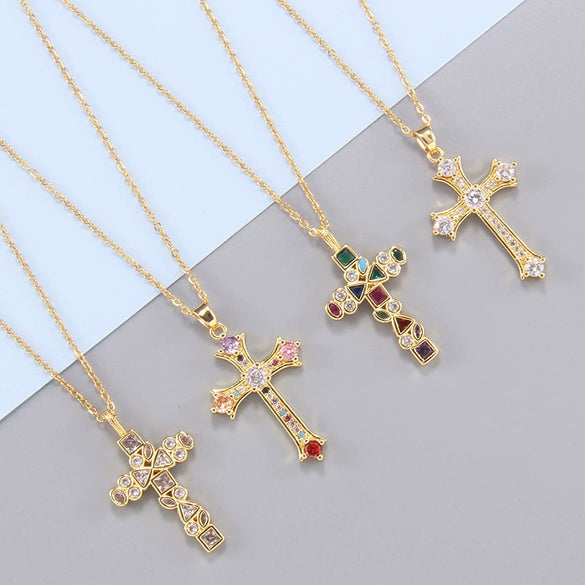 Fashion Color Zircon Unisex Cross Stainless Steel Ochain Necklace With Electroplating Jewelry Pendant