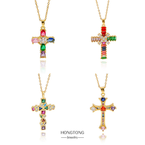 Fashion Color Zircon Unisex Cross Stainless Steel Ochain Necklace With Electroplating Jewelry Pendant