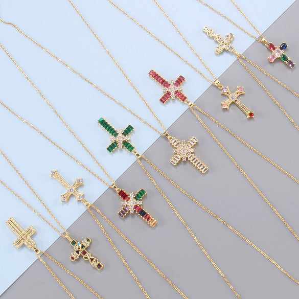 Fashion Color Zircon Unisex Cross Stainless Steel Ochain Necklace With Electroplating Jewelry Pendant
