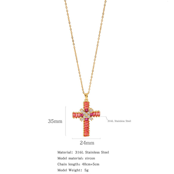 Fashion Color Zircon Unisex Cross Stainless Steel Ochain Necklace With Electroplating Jewelry Pendant