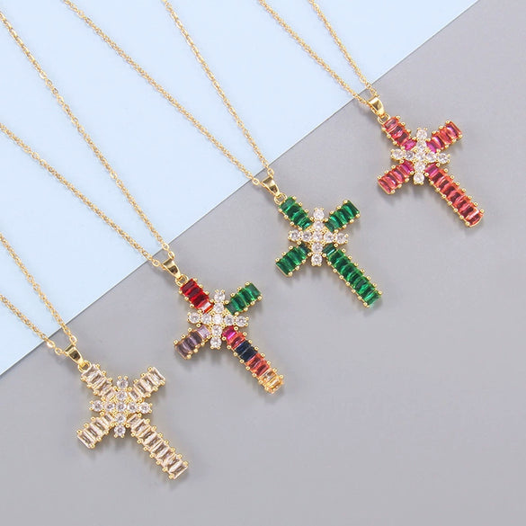 Fashion Color Zircon Unisex Cross Stainless Steel Ochain Necklace With Electroplating Jewelry Pendant