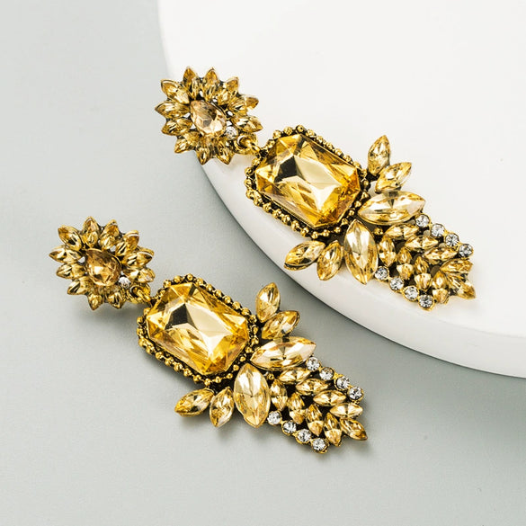 Fashion Colored Diamond Flower Alloy Earrings For Women Simple Style Exaggerated Sparkling Ear Jewelry