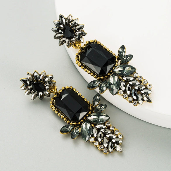 Fashion Colored Diamond Flower Alloy Earrings For Women Simple Style Exaggerated Sparkling Ear Jewelry