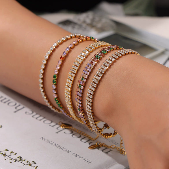 Fashion Colorful Full Diamond Women's Microinlaid Claw Grasp Zircon Geometric Light Luxury Titanium Steel Goldplated Bracelet