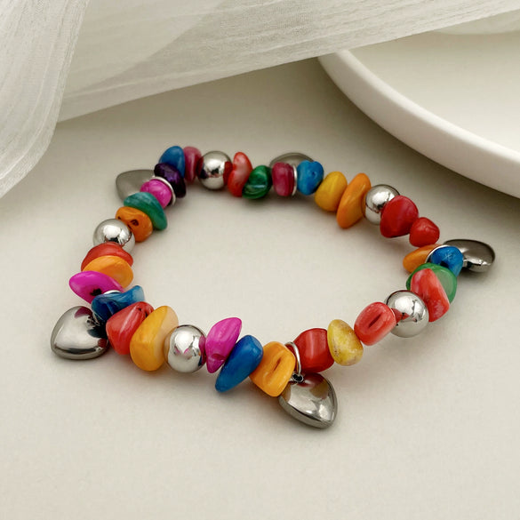 Fashion Colorful Natural Stone And Stainless Steel Ball Elastic Rope Bracelet With Irregular Gravel And Electroplating Treatment