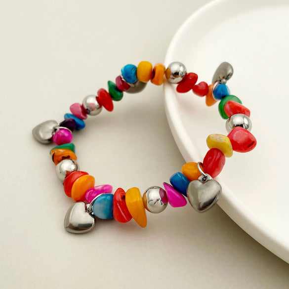 Fashion Colorful Natural Stone And Stainless Steel Ball Elastic Rope Bracelet With Irregular Gravel And Electroplating Treatment