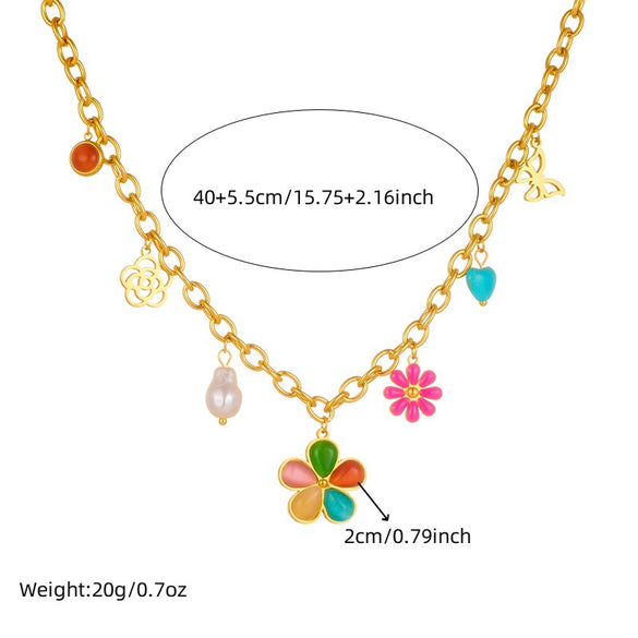 Fashion Colorful Resin Petals Daisy Hollow Butterfly Pearl Love Accessories Stainless Steel Necklace With Electroplating