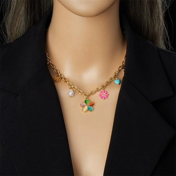 Fashion Colorful Resin Petals Daisy Hollow Butterfly Pearl Love Accessories Stainless Steel Necklace With Electroplating
