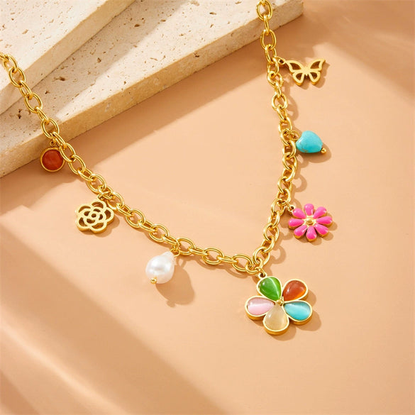 Fashion Colorful Resin Petals Daisy Hollow Butterfly Pearl Love Accessories Stainless Steel Necklace With Electroplating