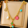 Fashion Colorful Resin Petals Daisy Hollow Butterfly Pearl Love Accessories Stainless Steel Necklace With Electroplating