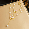 Fashion Colorful Rhinestone Bow Pearl Chain Stainless Steel Tassel Pendant Necklace Bracelet With Butterfly Dragonfly Insect Pattern Gold Plated