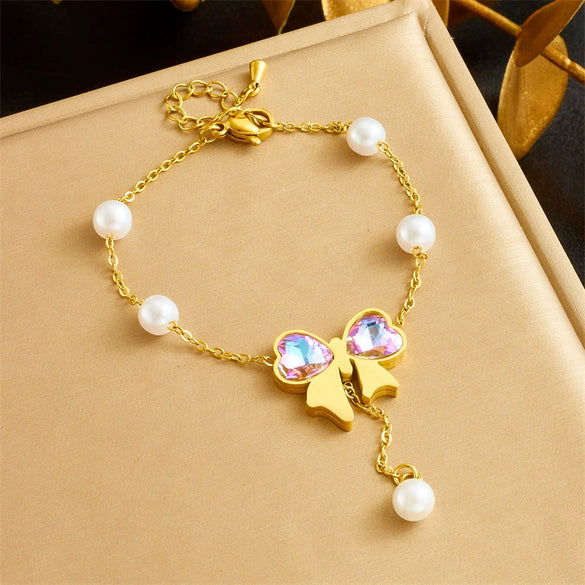 Fashion Colorful Rhinestone Bow Pearl Chain Stainless Steel Tassel Pendant Necklace Bracelet With Butterfly Dragonfly Insect Pattern Gold Plated