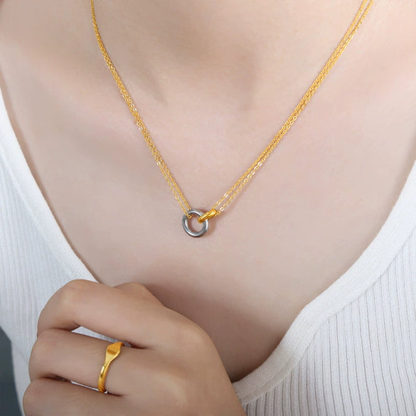 Fashion Commuter Elegant Doublering Buckle Doublelayer Chain Stacked Wearing Style Allmatch 316L Stainless Steel Goldplated Drop Shape Necklace Jewelry For Women