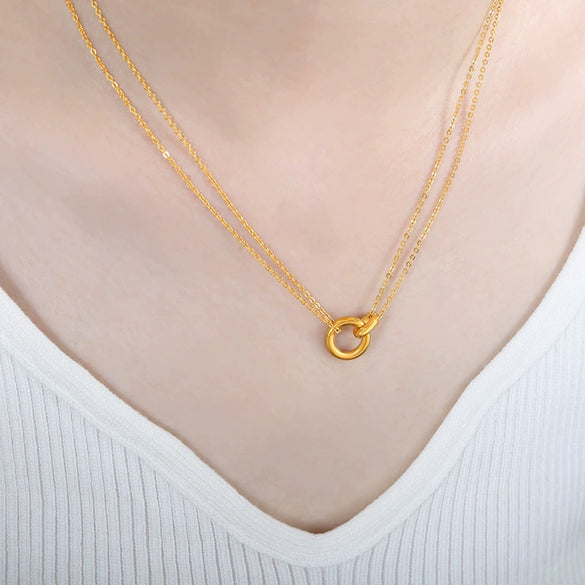 Fashion Commuter Elegant Doublering Buckle Doublelayer Chain Stacked Wearing Style Allmatch 316L Stainless Steel Goldplated Drop Shape Necklace Jewelry For Women