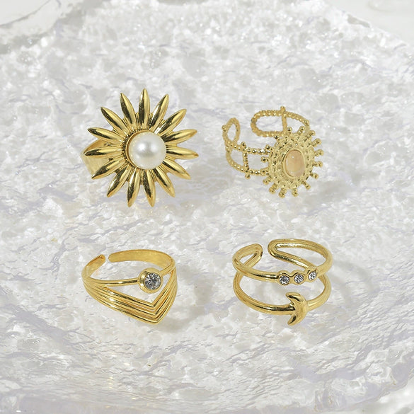 Fashion Commuter Exquisite Flower Pearl Opening Stainless Steel Ring With Electroplating