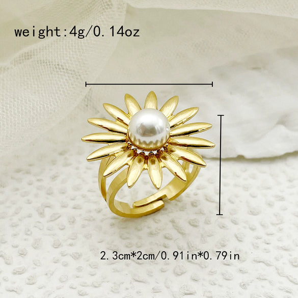Fashion Commuter Exquisite Flower Pearl Opening Stainless Steel Ring With Electroplating