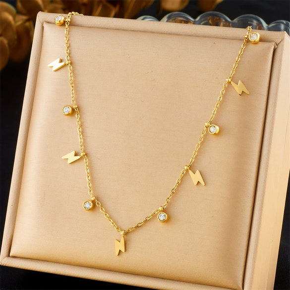 Fashion Commuter Simple Gold Plated Stainless Steel Pendant Necklace With Butterfly Disc Lightning Crown And Eye Accessories Electroplating Treatment