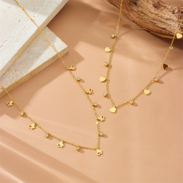 Fashion Commuter Simple Gold Plated Stainless Steel Pendant Necklace With Butterfly Disc Lightning Crown Eye Accessories In Heart Shape With Electroplating