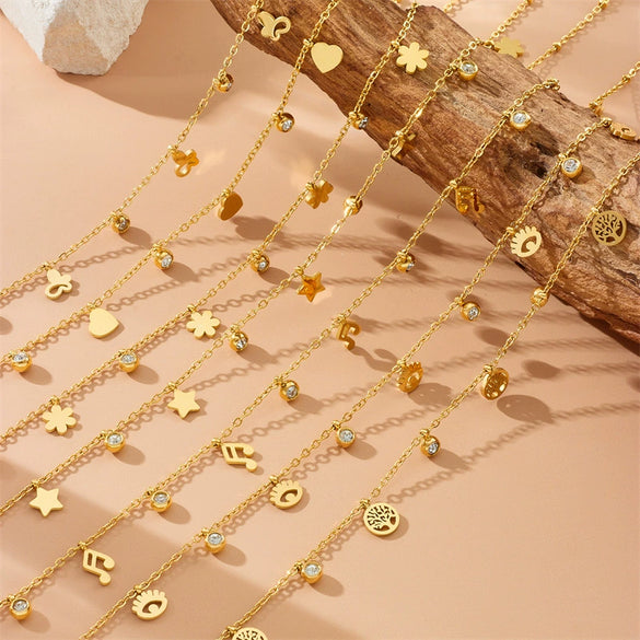 Fashion Commuter Simple Gold Plated Stainless Steel Pendant Necklace With Butterfly Disc Lightning Crown Eye Accessories In Heart Shape With Electroplating