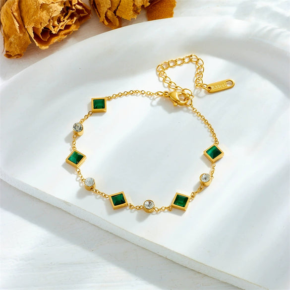 Fashion Commuter Simple Temperament Green Diamond Stainless Steel Jewelry Electroplated Necklace Bracelet