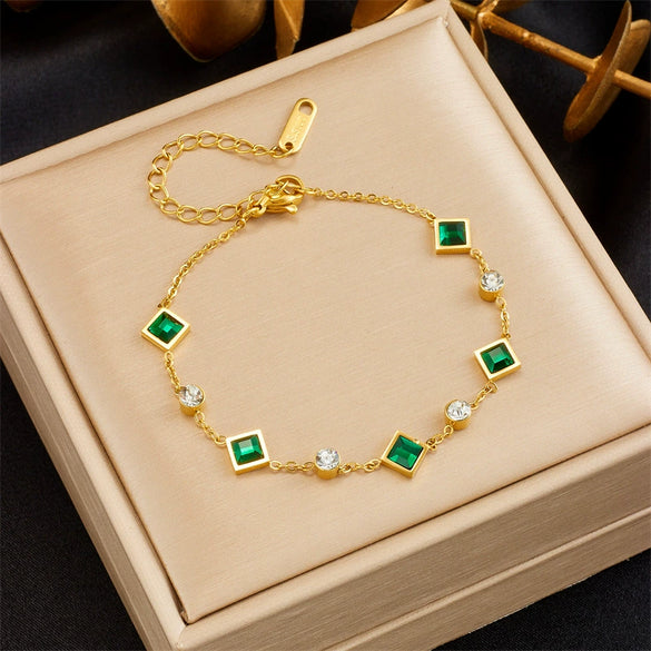 Fashion Commuter Simple Temperament Green Diamond Stainless Steel Jewelry Electroplated Necklace Bracelet