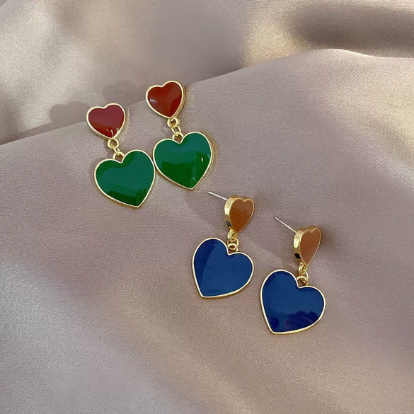 Fashion Contrast Color Alloy Heart Tassel Earrings With Double Peach Heart Dripping Oil Design Sweet Light Luxury Style