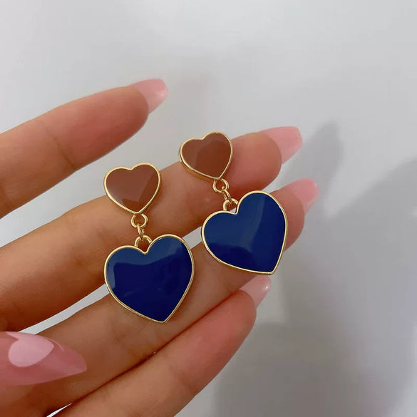 Fashion Contrast Color Alloy Heart Tassel Earrings With Double Peach Heart Dripping Oil Design Sweet Light Luxury Style