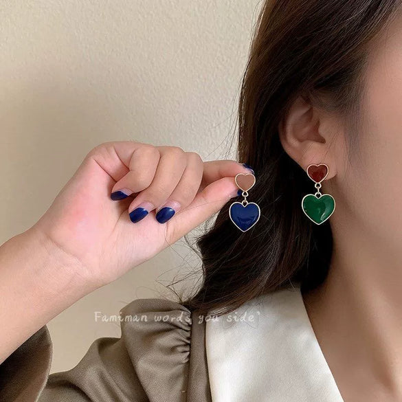 Fashion Contrast Color Alloy Heart Tassel Earrings With Double Peach Heart Dripping Oil Design Sweet Light Luxury Style