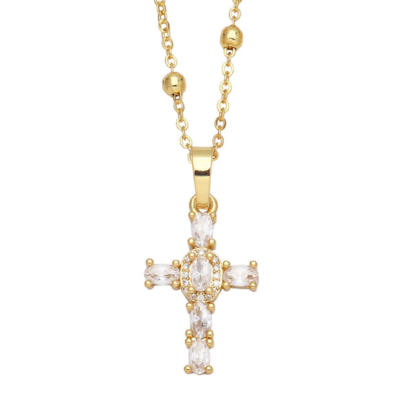 Fashion Copper Cross Pendant Necklace With Micro Inlaid Zircon Ball Chain Simple All Match Jewelry For Women