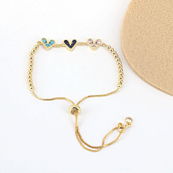Fashion Copper Electroplated Micro Pave Colorful Zircon Heart Shaped Bracelet Simple Adjustable Geometric Hand Accessory For Women