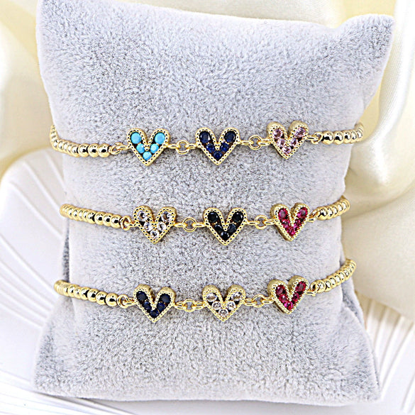 Fashion Copper Electroplated Micro Pave Colorful Zircon Heart Shaped Bracelet Simple Adjustable Geometric Hand Accessory For Women