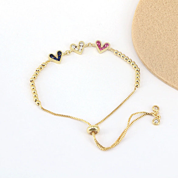 Fashion Copper Electroplated Micro Pave Colorful Zircon Heart Shaped Bracelet Simple Adjustable Geometric Hand Accessory For Women