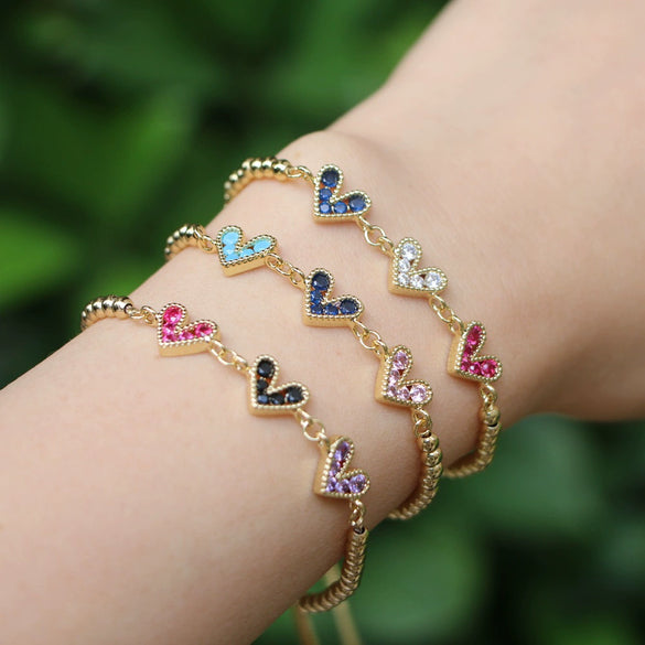 Fashion Copper Electroplated Micro Pave Colorful Zircon Heart Shaped Bracelet Simple Adjustable Geometric Hand Accessory For Women