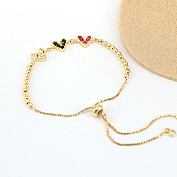 Fashion Copper Electroplated Micro Pave Colorful Zircon Heart Shaped Bracelet Simple Adjustable Geometric Hand Accessory For Women