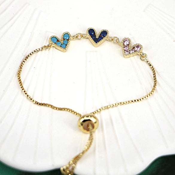 Fashion Copper Electroplated Micro Pave Colorful Zircon Heart Shaped Bracelet Simple Adjustable Geometric Hand Accessory For Women