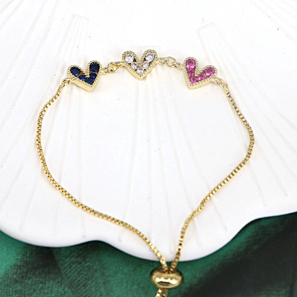 Fashion Copper Electroplated Micro Pave Colorful Zircon Heart Shaped Bracelet Simple Adjustable Geometric Hand Accessory For Women
