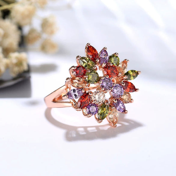 Fashion Copper Flower Zircon Ring For Women Shiny Floral Design Set With Zircon Wholesale Jewelry