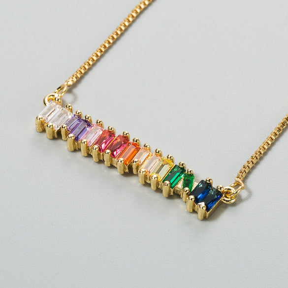 Fashion Copper Inlaid Colorful Zircon Geometric Pendant Necklace For Women Alloy Ball Chain Microsetting