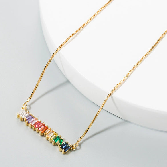 Fashion Copper Inlaid Colorful Zircon Geometric Pendant Necklace For Women Alloy Ball Chain Microsetting