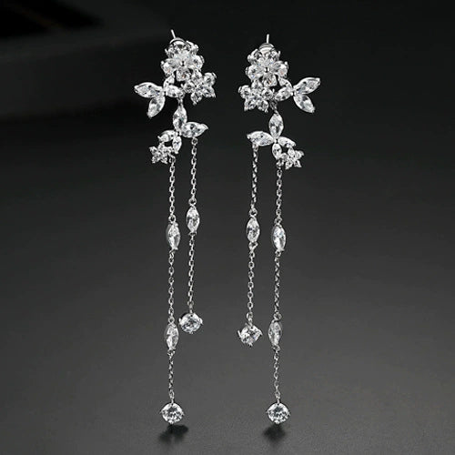 Fashion Copper Inlaid Zircon Long Tassel Chain Earrings Geometric Flower Ear Jewelry For Women