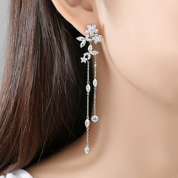 Fashion Copper Inlaid Zircon Long Tassel Chain Earrings Geometric Flower Ear Jewelry For Women