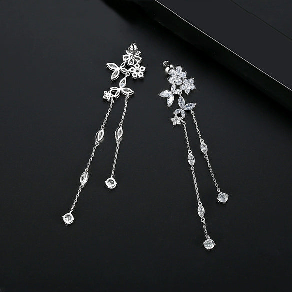 Fashion Copper Inlaid Zircon Long Tassel Chain Earrings Geometric Flower Ear Jewelry For Women