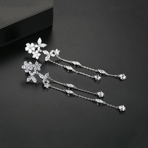 Fashion Copper Inlaid Zircon Long Tassel Chain Earrings Geometric Flower Ear Jewelry For Women