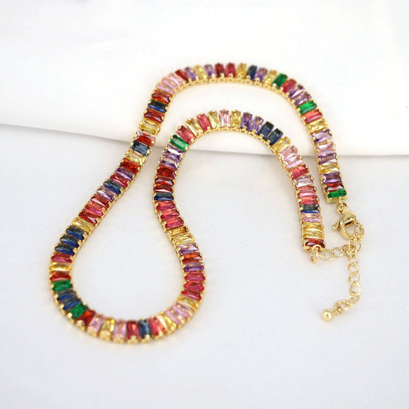 Fashion Copper Zircon Tennis Chain Necklace Geometric Electroplated Box Chain Hip Hop Jewelry