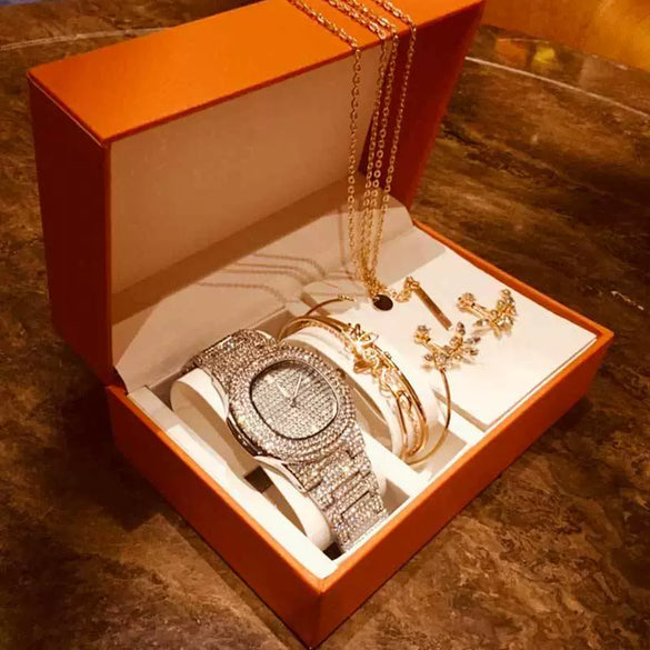 Fashion Creative Alloy Stainless Steel Round Watch And Bracelet Earrings Necklace Set For Female