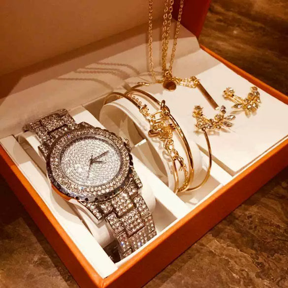 Fashion Creative Alloy Stainless Steel Round Watch And Bracelet Earrings Necklace Set For Female