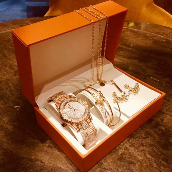 Fashion Creative Alloy Stainless Steel Round Watch And Bracelet Earrings Necklace Set For Female
