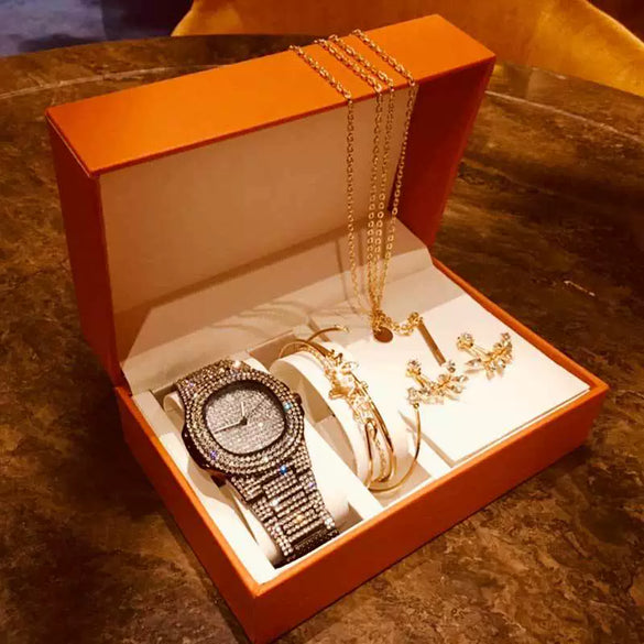 Fashion Creative Alloy Stainless Steel Round Watch And Bracelet Earrings Necklace Set For Female